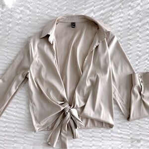 Chic Beige Tie-Front Blouse